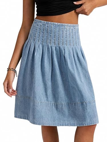 Women's Pleated Denim Midi Skirts | High Waisted Casual A-Line Knee Length Jean Skirt